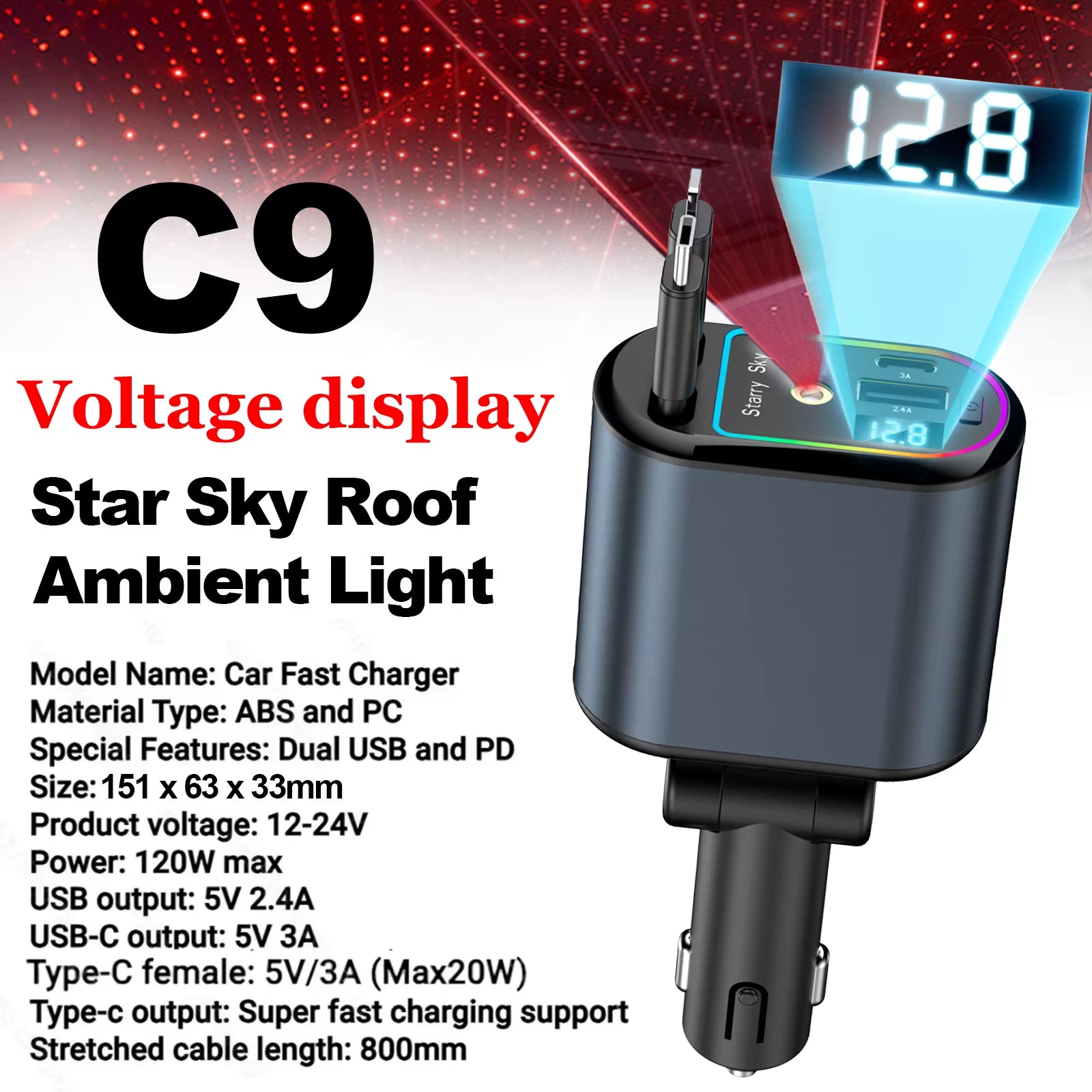 Retractable Car Charger with Starlight Type-C 120W Car Charger Adapter 4 in 1 Car Phone Charger with 2 USB Ports Star Top Light